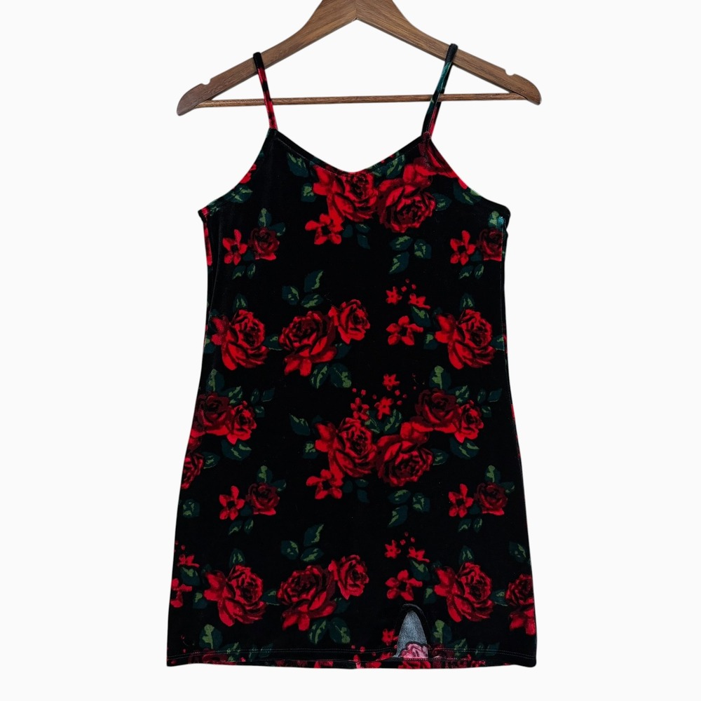 Art Class Floral Velvet Y2K Top L 10/12 Black Red Rose Cami 90s Style Whimsical